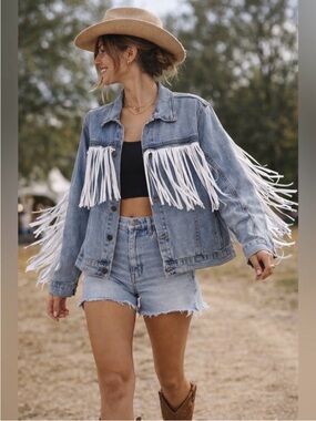 Vigoss Denim Leather Fringe Jean Jacket Festival Concert Cowgirl Size Large NWT
